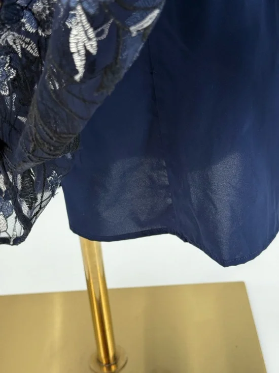 Monique Lhuillier Navy Blue Floral Embroidered Lace Midi Evening Cocktail Dress - Picture 12 of 16